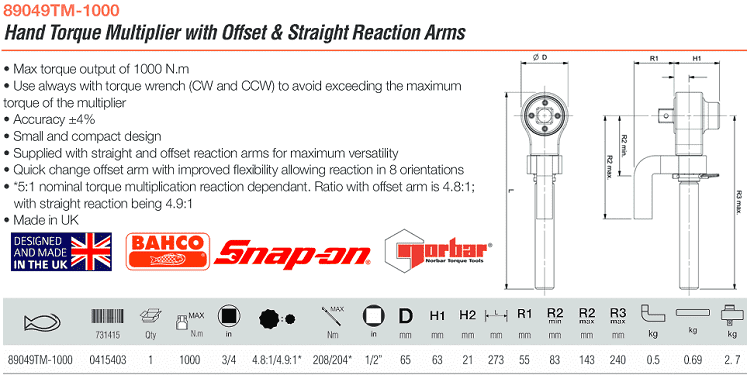 Cờ lê nhân lực Bahco 89049TM-1000, Bahco torque multiplier 89049TM-1000