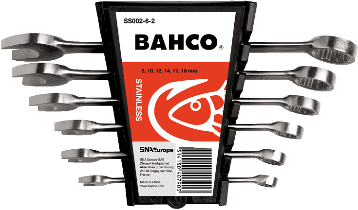 bo co le vong mieng inox bahco ss002-6-2 , bahco inox combination wrench set ss002-6-2