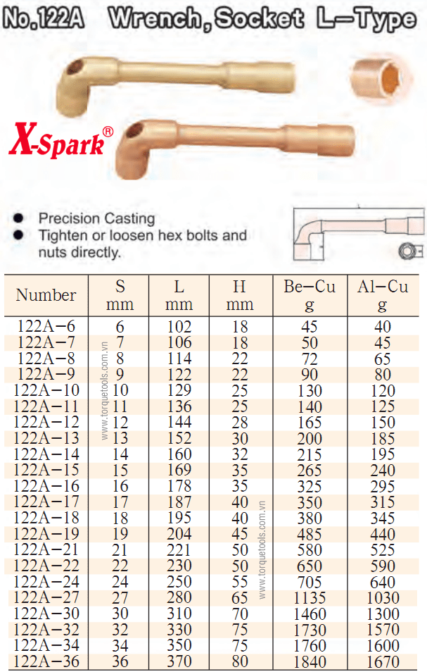 Cờ lê điếu chống cháy nổ X-Spark 122A-6, X-Spark non sparking Socket L-Type Wrench 122A-6