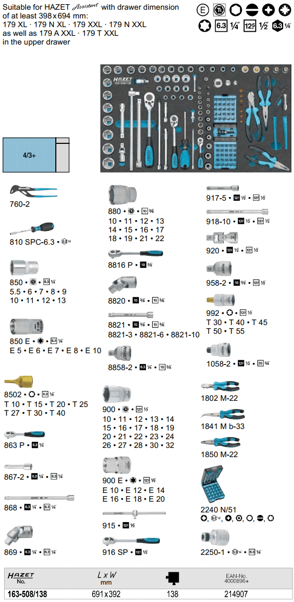 Khay dụng cụ Hazet 163-508/138, Hazet plastic foam inserts 163-508/138