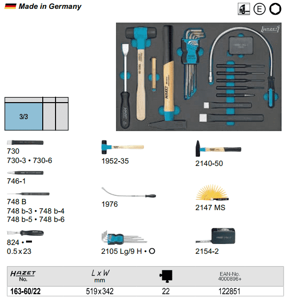 Khay dụng cụ Hazet 163-60/22, Hazet plastic foam inserts 163-60/22