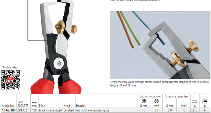 Kìm tuốt dây Knipex 13 62 180, Knipex wire stripping pliers 13 62 180