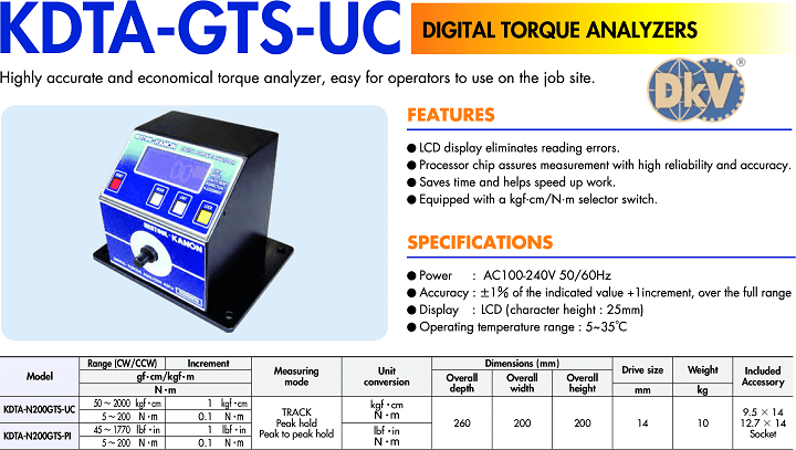 Thiết bị đo test lực Kanon KDTA-N200GTS-UC, Kanon Digital Torque Analyzers KDTA-N200GTS-UC