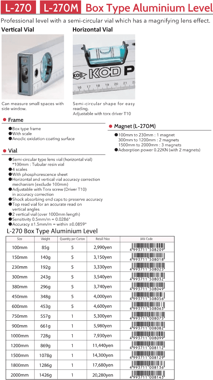 Thước thủy KOD L-270-100, KOD global level aluminium measure L-270-100