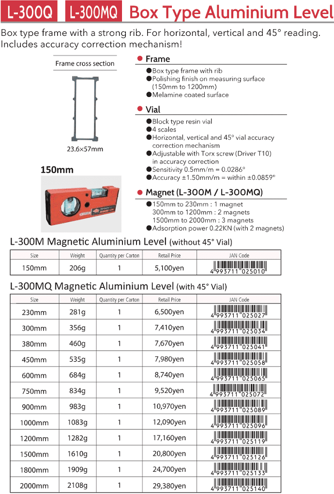 Thước thủy KOD L-300M-150, KOD global level aluminium measure L-300M-150