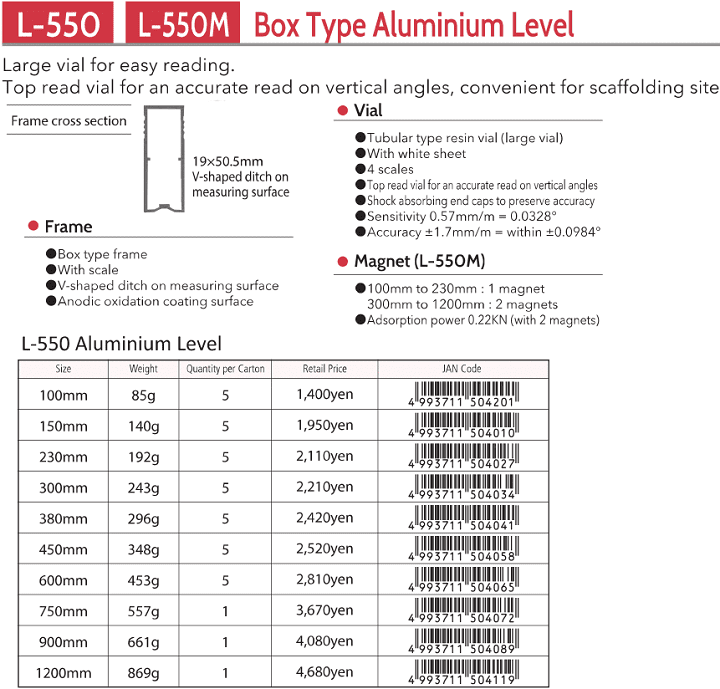 Thước thủy KOD L-550-100, KOD global level aluminium measure L-550-100