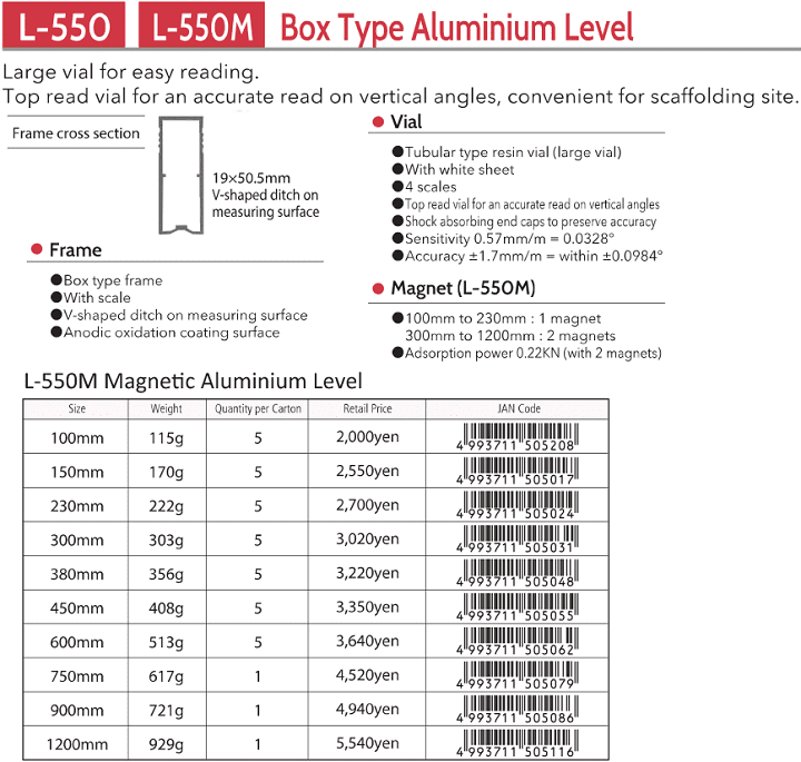 Thước thủy KOD L-550M-100, KOD global level aluminium measure L-550M-100